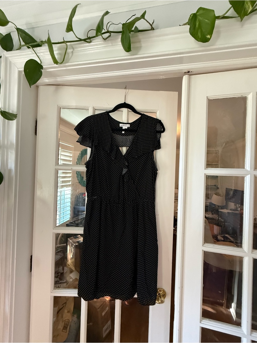 BCBGMaxAzria Black Polka Dot Ruffle Sleeve Mini Dress